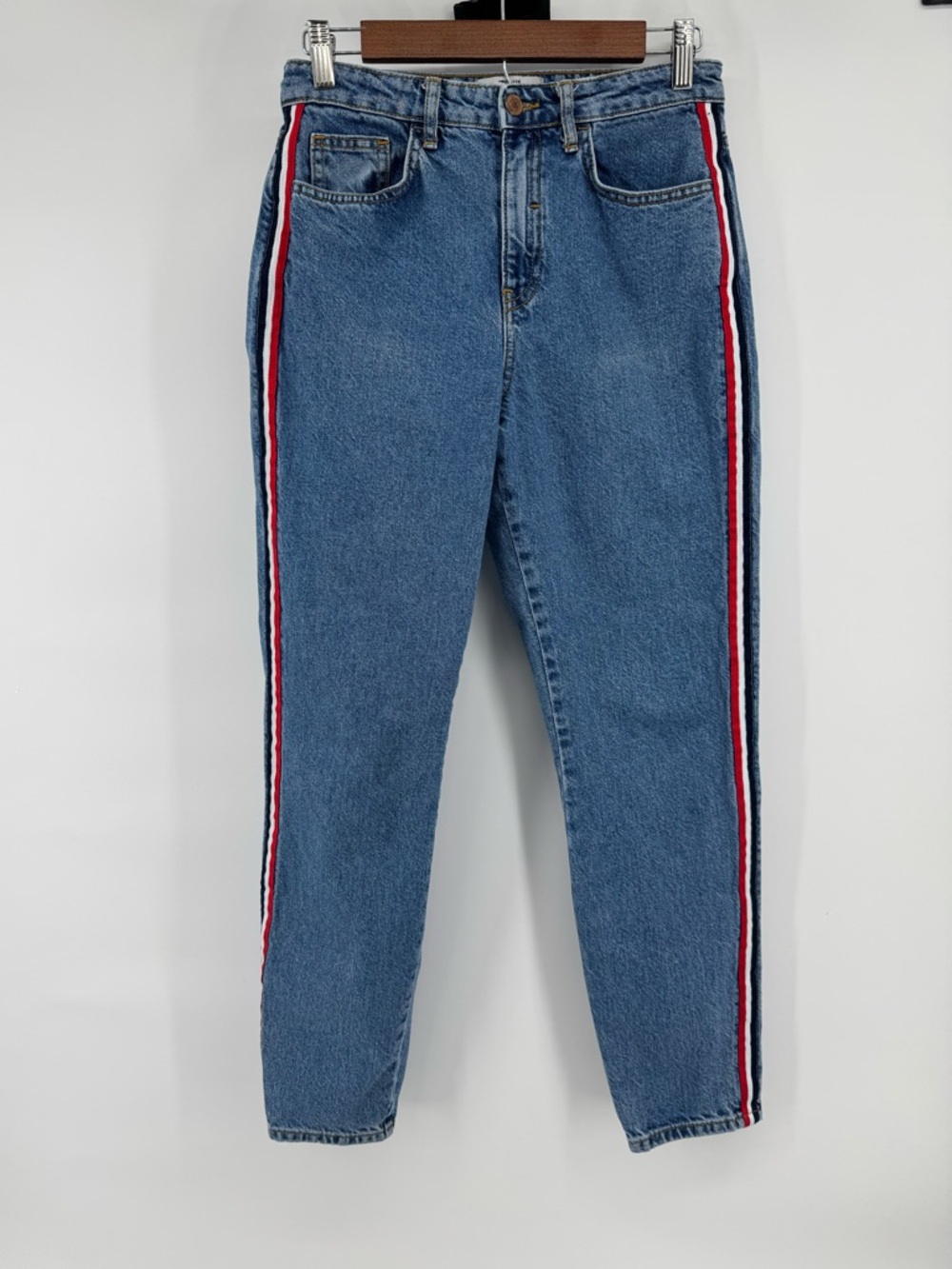 New Look Tori High-Rise Mom Straight Blue Denim Jeans Red & White Stripes Sz 6